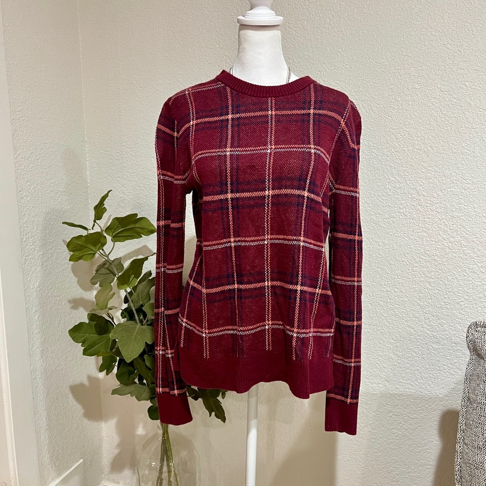 A New Day Burgundy Plaid Crewneck Knit Sweater - Size Large